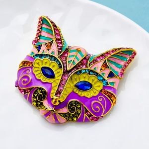 Multicolor enameled jeweled cat mask face brooch